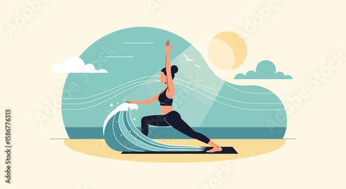Morning Serenity Woman In Yoga Pose Practicing Warrior On A Beach Landscape