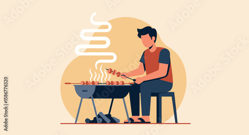Man Grilling Kebabs Outdoors On A Charcoal Grill Enjoying Leisure Time