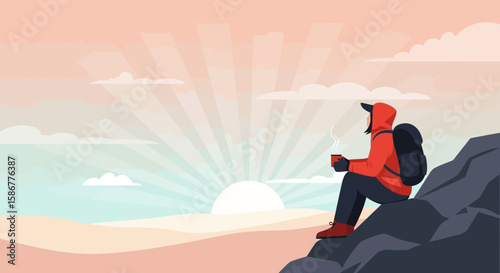 Morning Serenity Hiker Contemplating Landscape With Cup Of Hot Drink At Sunrise