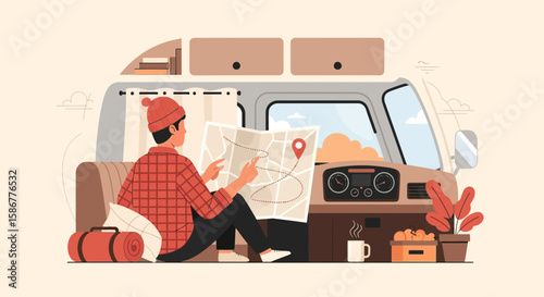 Planning Van Adventure Relaxing Road Trip In A Campervan For A Holiday Destination
