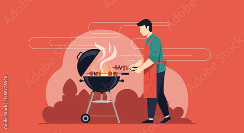 Man Grilling Skewers On Outdoor Grill In Summer Flat Vector Illustration