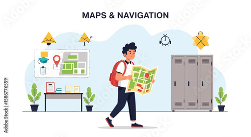 Student Navigating School with Map Study Environment and Backpack Education
