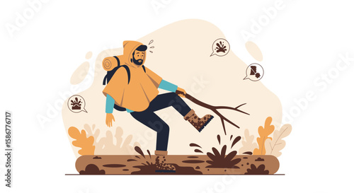 Man Hiking Through Muddy Terrain With Backpack And Walking Stick Graphic