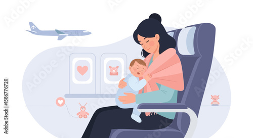 Mother And Baby Comfortably Traveling By Plane In Secure Baby Carrier