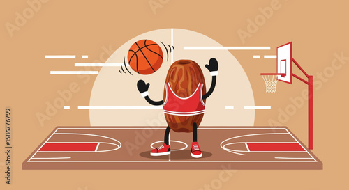 Playful Date Character Dribbling a Basketball on a Court Cartoon Concept