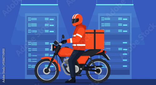 Motorcycle Courier Delivering Data With Orange Bike And Servers Concept