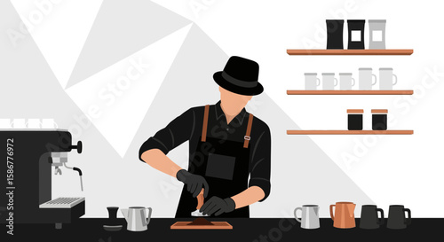 Stylish Barista Preparing Espresso In A Minimalist Coffee Shop Scene