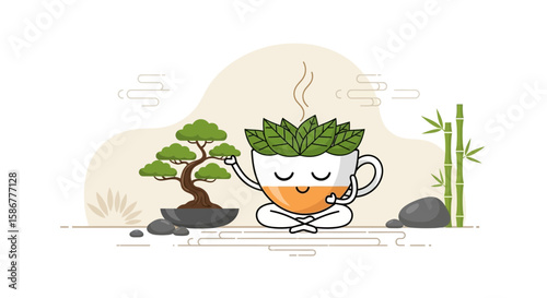 Relaxing Tea Time With Bonsai And Bamboo Garden Cartoon Meditation Cup