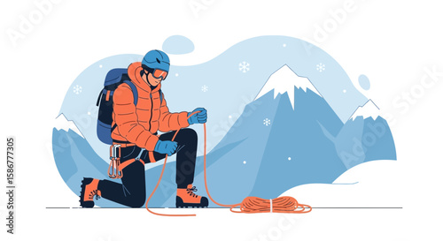 Mountaineer Prepares Climbing Rope on Snowy Peak for a Challenging Ascent