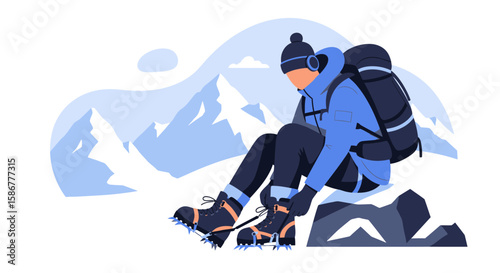 Mountaineer Preparing For Summit Ascent In Winter Landscape Expedition