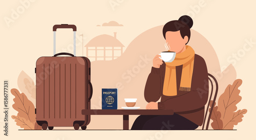 Relaxing Travel Break Woman Enjoying Coffee Before a Journey