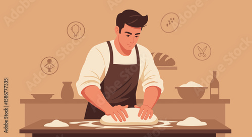 Man Kneading Dough Preparing Homemade Bread In A Warm Kitchen Interior