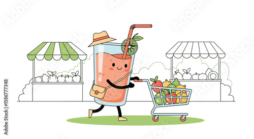 Happy Smoothie Adventuring Through Farmers Market With Cart Filled With Fresh Fruits