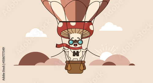 Mushroom Character Adventure In A Hot Air Balloon Over The Clouds In The Sky