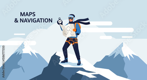 Mountaineer Using Map And Compass Navigating Snowy Peaks Adventure Journey