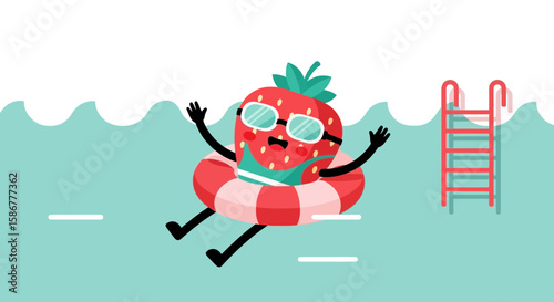 Happy Strawberry Enjoying Vacation In Swimming Pool With Water Safety Gear