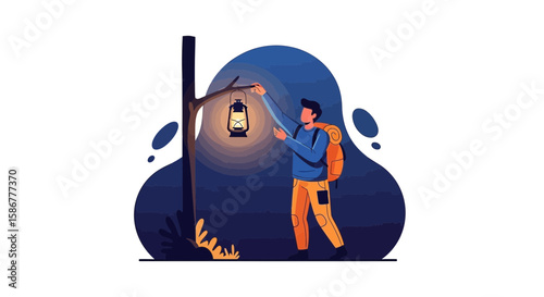 Man Lights A Lantern On A Camping Trip Under A Starry Night Adventure