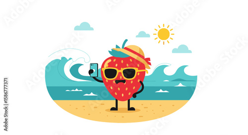 Happy Strawberry Character Enjoying Summer Vacation On The Beach Taking Selfie