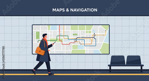 Man Navigating Subway System Via City Map At Urban Station For Commuting Route