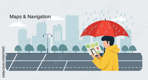 Navigating City Streets Man With Map In Rainy Weather Using Mobile Application