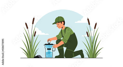 Researcher Collects Water Sample From Pond For Environmental Test Cartoon