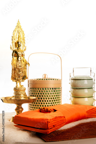 Thai Buddhist Alms Offering Set with Robe, Tiffin Carrier and Golden Statue