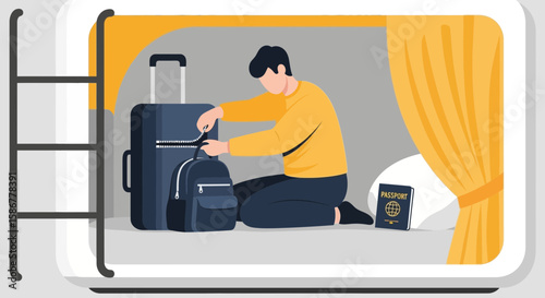 Preparing For Adventure Man Packing Suitcase At Hostel Before Leaving