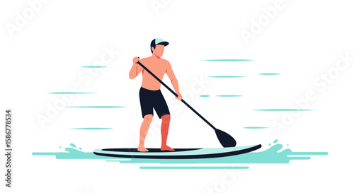 Man Paddleboarding On Water Summer Recreation Vector Illustration Outdoor Activity