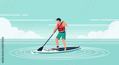 Man Paddleboarding On Calm Water Enjoying Serene Recreation On Sunny Day