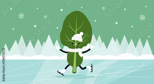 Happy Winter: Cheerful Spinach Leaf Character Ice Skating In A Snowy Landscape