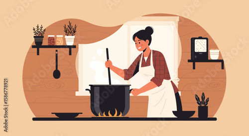 Happy Woman Prepares Food At Home In The Kitchen With Appliances