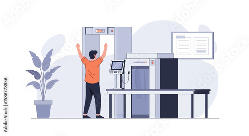 Man Passing Through Security Checkpoint With Arms Raised at Airport