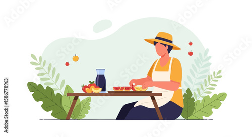 Happy Woman Preparing Natural Apple Juice Outdoors In a Tropical Setting