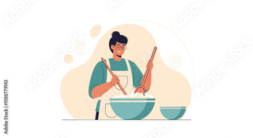 Happy Young Adult Preparing A Dough Mixture In Kitchen Illustration