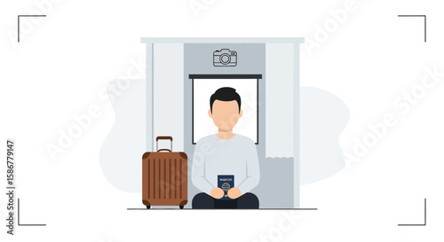 Preparing For Trip Man Posing Inside Photo Booth With Passport And Luggage