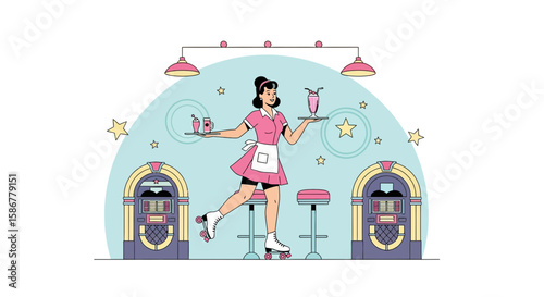Retro Diner Waitress On Roller Skates Delivering Drinks Illustration