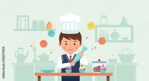Happy Young Chef Decorating Cupcakes In A Modern Kitchen Confectionery Scene