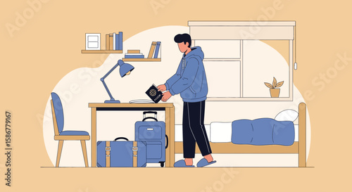 Preparing For Trip Young Man Holding Passport At His Desk Next To Luggage