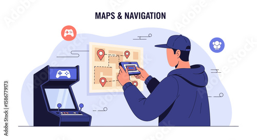 Retro Gaming And Navigation Technology Illustration With Man Holding Device