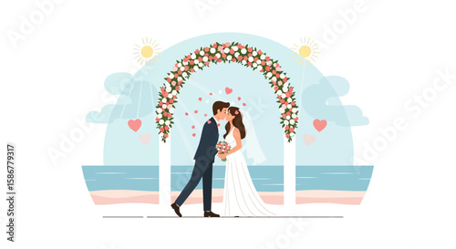 Romantic Beach Wedding Ceremony Of Young Couple Under Floral Archway