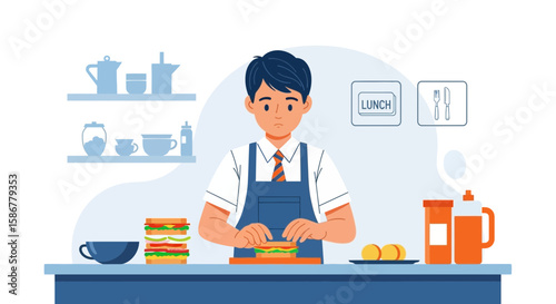 Man Prepares Sandwich For Lunch In Kitchen Flat Vector Illustration