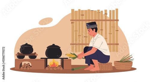 Man Prepares Traditional Indonesian Corn Food With a Wood Burning Stove