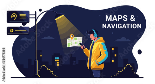 Night Time Urban Navigation Illustration Featuring a Man With a City Map