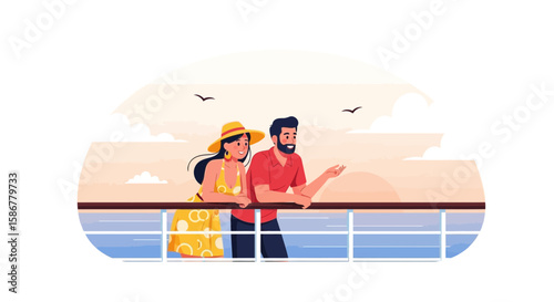 Romantic Cruise Getaway Couple Enjoying Ocean View From The Ship Deck At Sunset