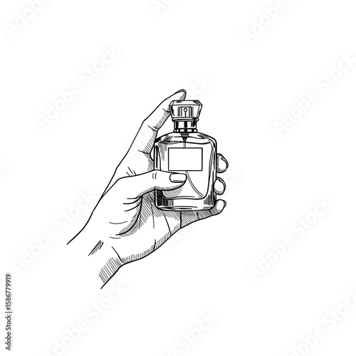 Vintage ink sketch women’s cologne bottle in hand black and white illustration engraving or woodcut SVG

