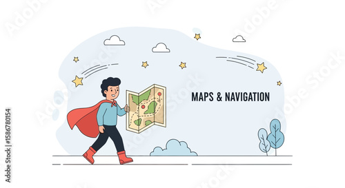 Heroic Navigator Boy Exploring Adventures With A Detailed Treasure Map Illustration