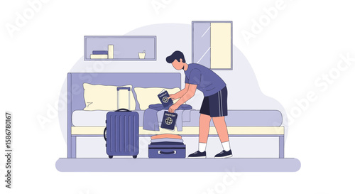 Man Preparing For A Trip Packing His Suitcase In The Bedroom At Home