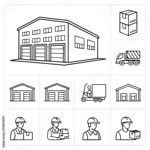 Warehouse delivery and logistics icons truck forklift