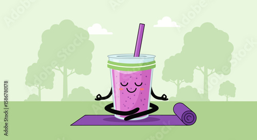 Healthy Smoothie Meditating On Yoga Mat, Enjoying Wellness And Relaxation Outdoor