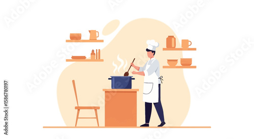 Professional Chef Cooking Meal In Kitchen Vector Illustration Design